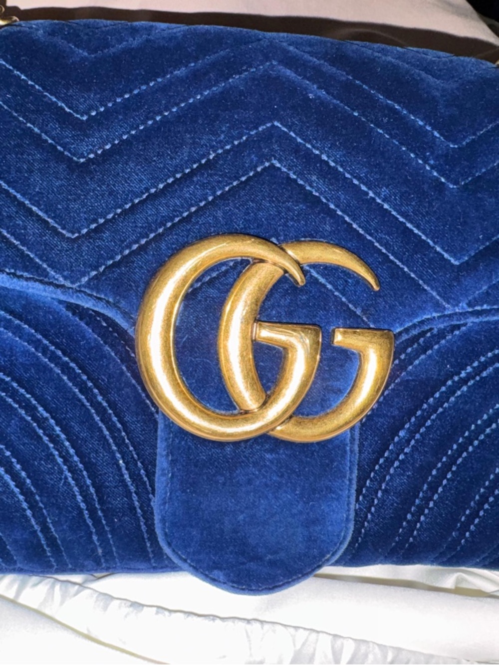 Gucci Blue Velvet GG Marmont Shoulder Bag with Gold Hardware